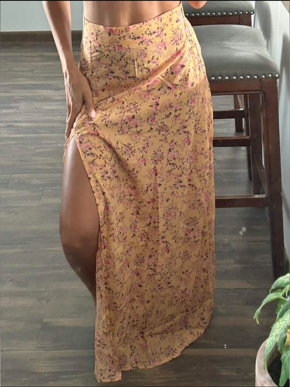 Mustard Floral Maxi Skirt with Side Slit